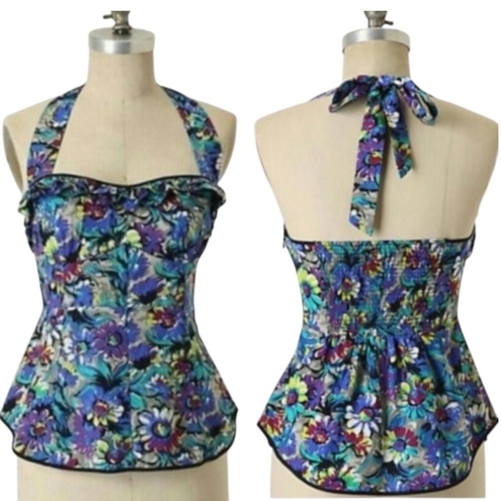 Anthropologie Odille Pop of Posies Floral Halter Tie Neck Peplum Crop Top - 2